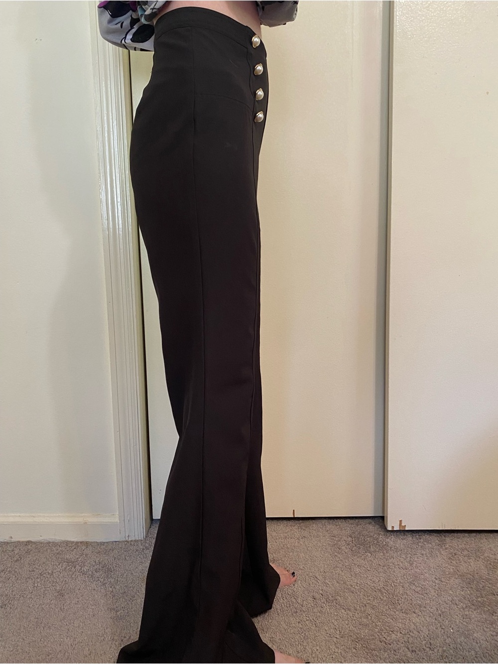Lulumari Black High-Waist Sailor flare Trousers with Gold Buttons size small - Picture 10 of 11